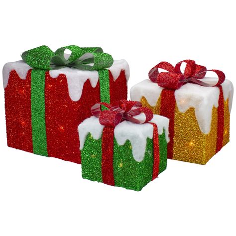 red green christmas metal gift box decot|Northlight Set of 3 Lighted Green Gift Boxes with Red .